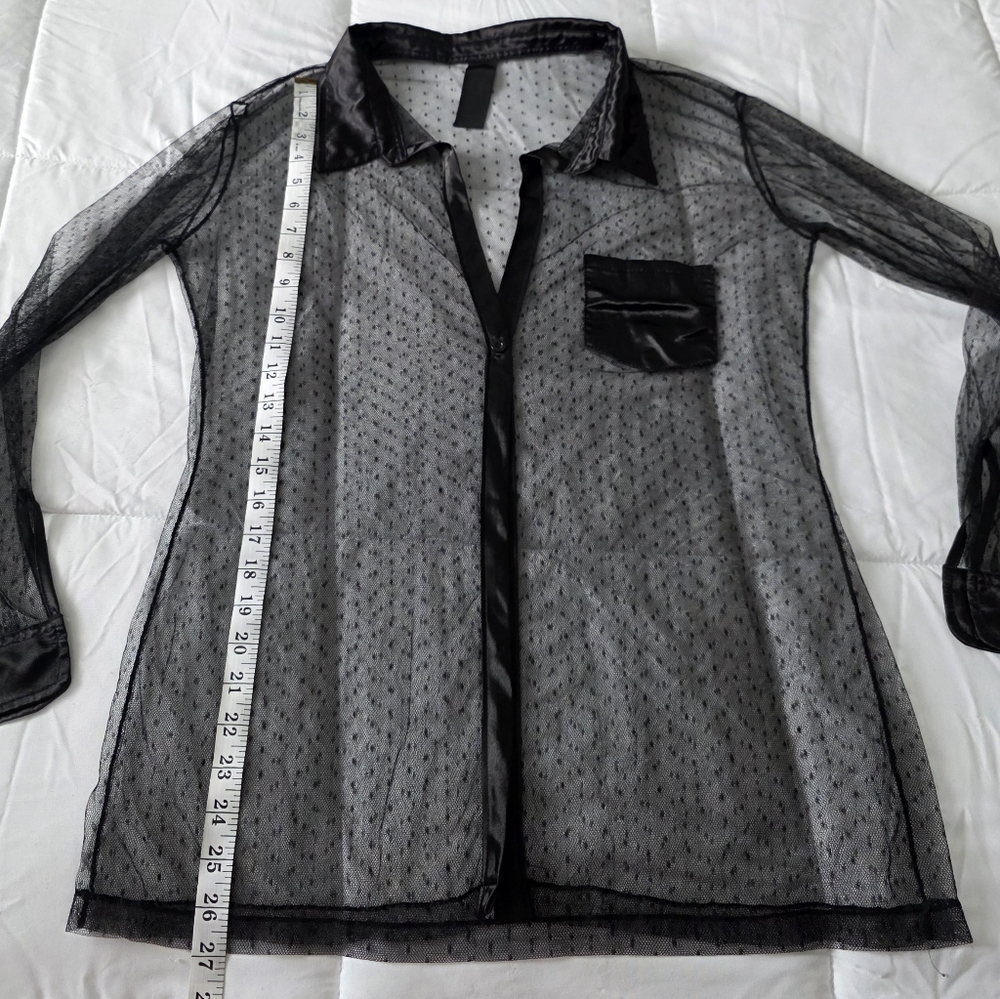Sheer Black Top with Satin Accent At Collar Pocket And Cuffs - Size Large - Picture 4 of 9